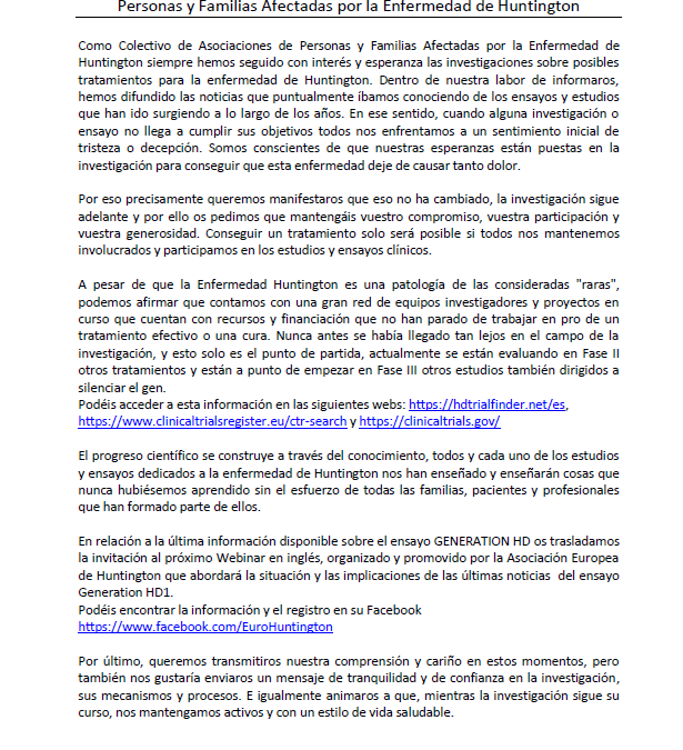 Comunicat Conjunt del Col·lectiu d’Associacions de Persones i Famílies Afectades per la Malaltia de Huntington